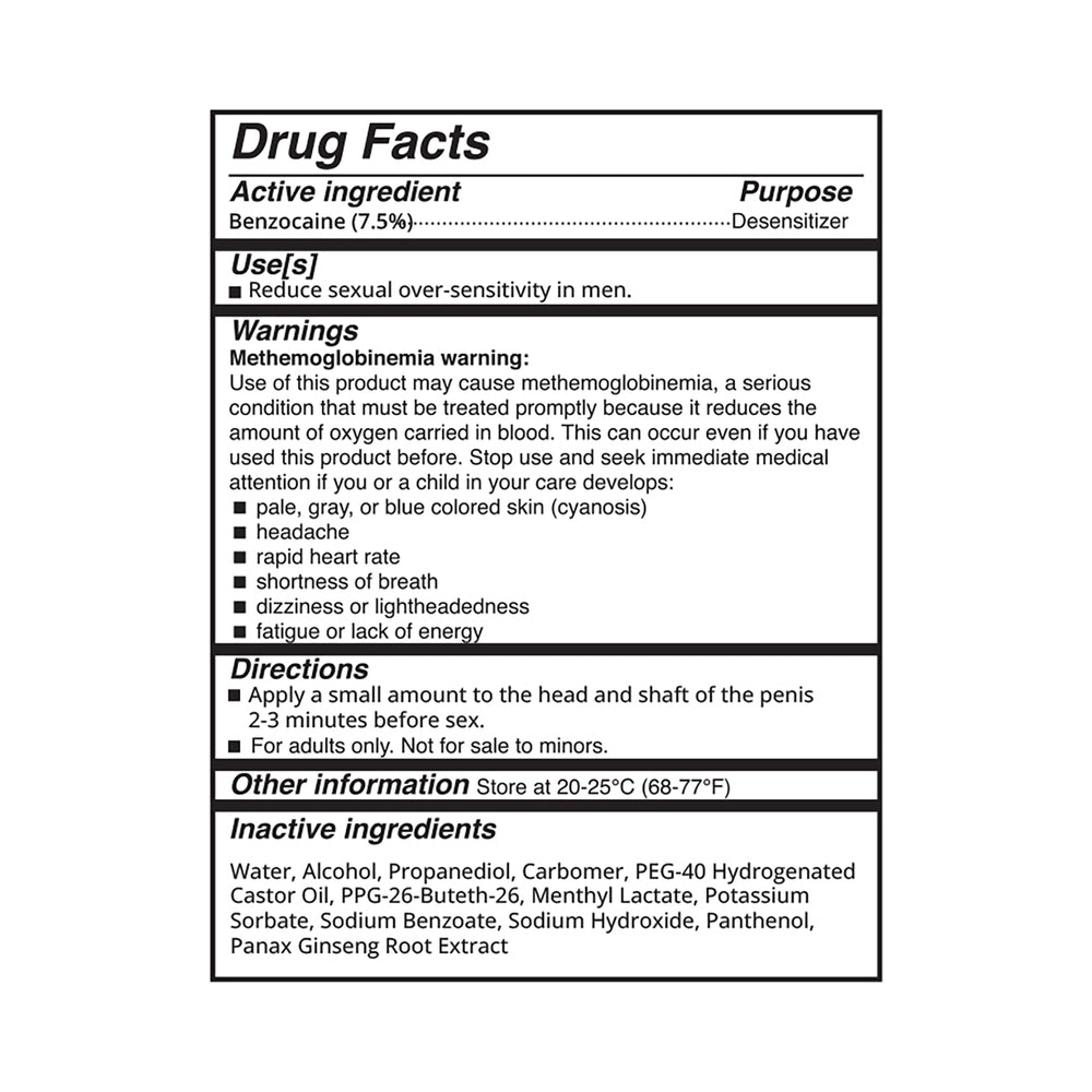 Drug facts for Adam & Eve Marathon Delay Spray, including active ingredient Benzocaine and usage instructions.