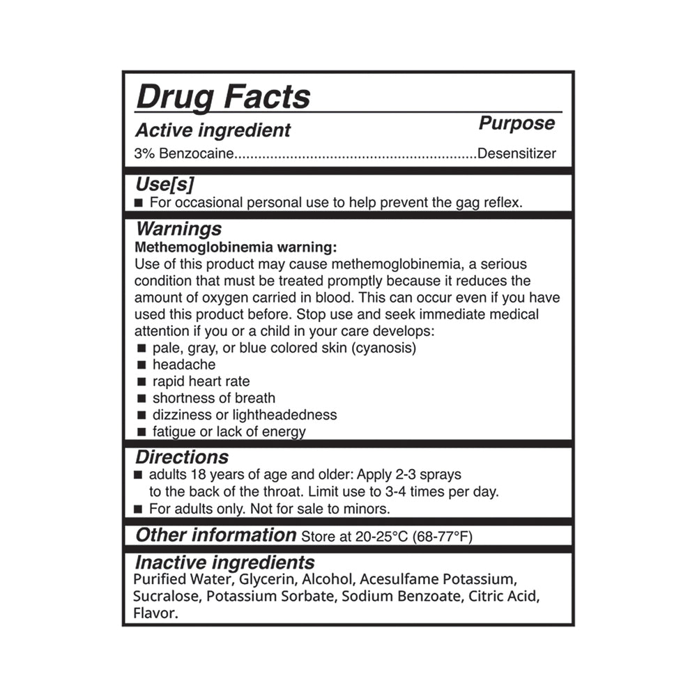 Drug facts for Adam & Eve Deep Throat Desensitizing Spray Strawberry, including ingredients and usage warnings.