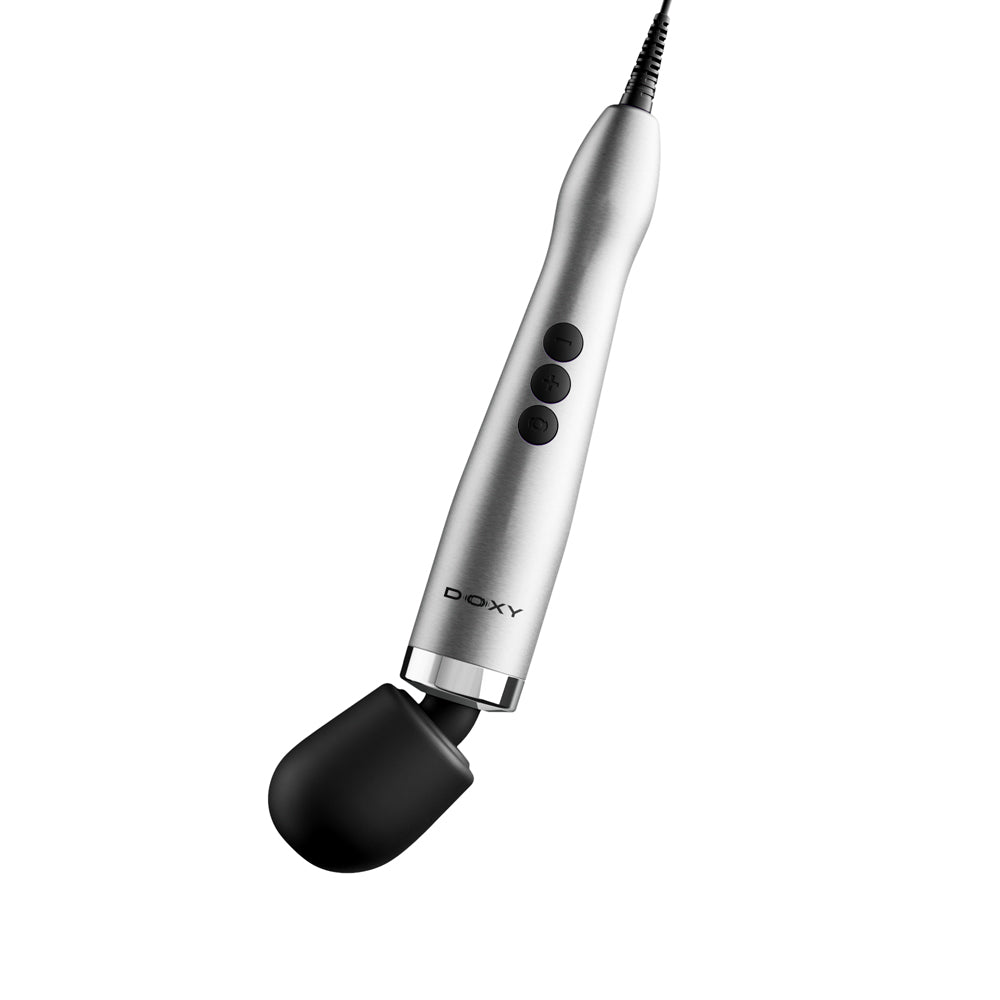Doxy Die Cast Max Plug-in Wand Massager Silver with sleek design and power buttons for precise control.