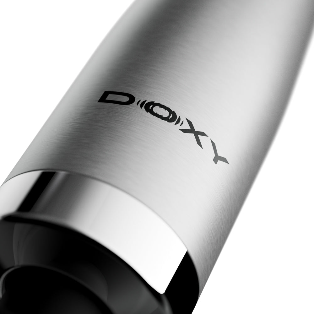 Close-up view of the Doxy Die Cast Max Plug-in Wand Massager Silver showcasing its sleek design and logo.