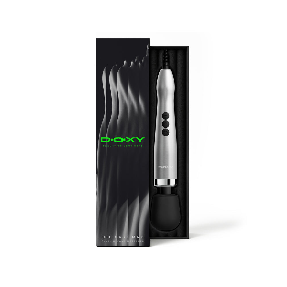 Doxy Die Cast Max Plug-in Wand Massager Silver in its packaging, showcasing powerful design and features.