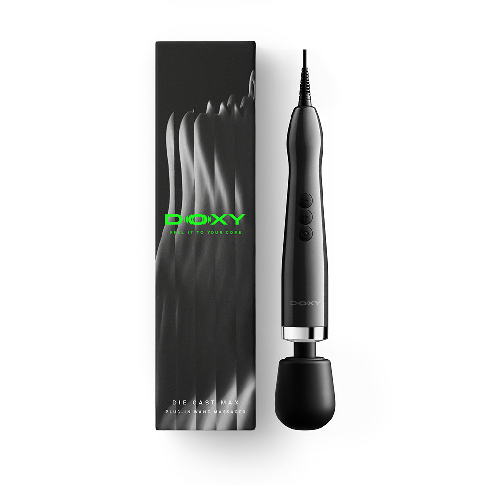 Doxy Die Cast Max Plug-in Wand Massager Black with box, showcasing its sleek design and features.