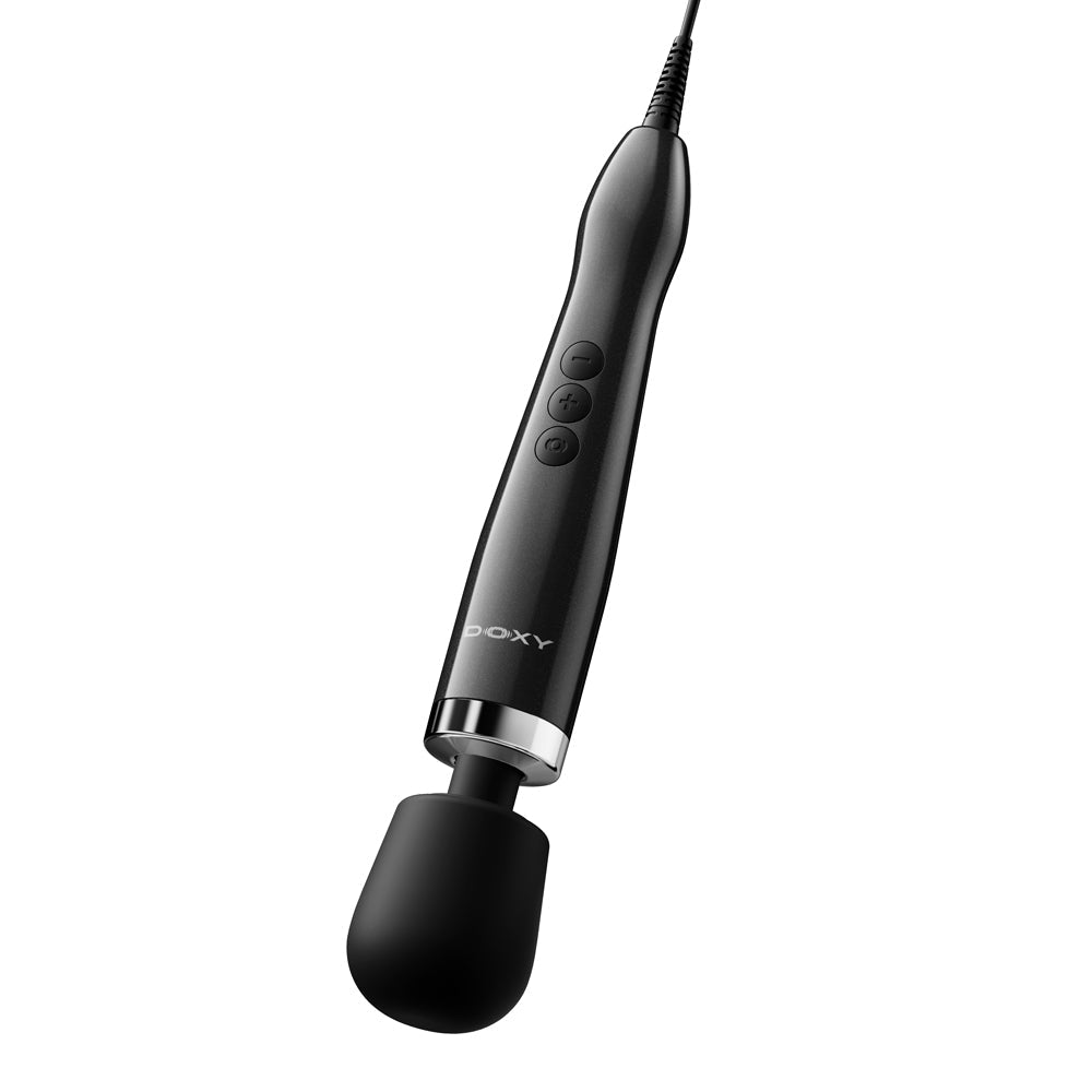 Doxy Die Cast Max Plug-in Wand Massager Black showing sleek design and power control buttons.