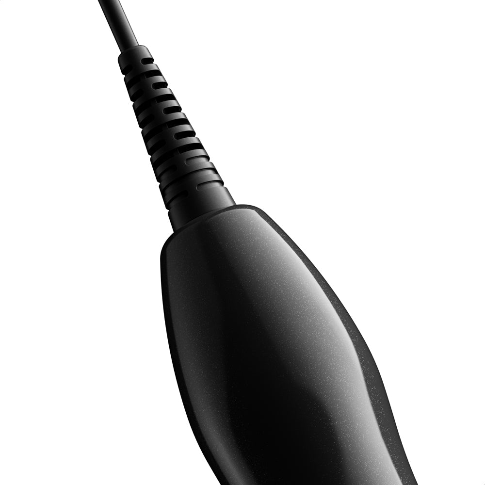 Doxy Die Cast Max Plug-in Wand Massager Black power cord close-up, highlighting the design and functionality.