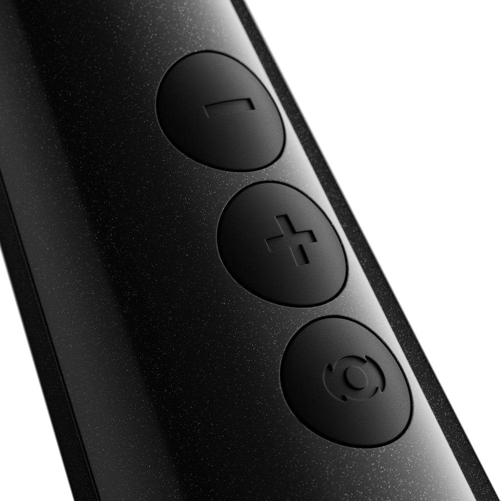 Doxy Die Cast Max Plug-in Wand Massager Black control buttons close-up image.