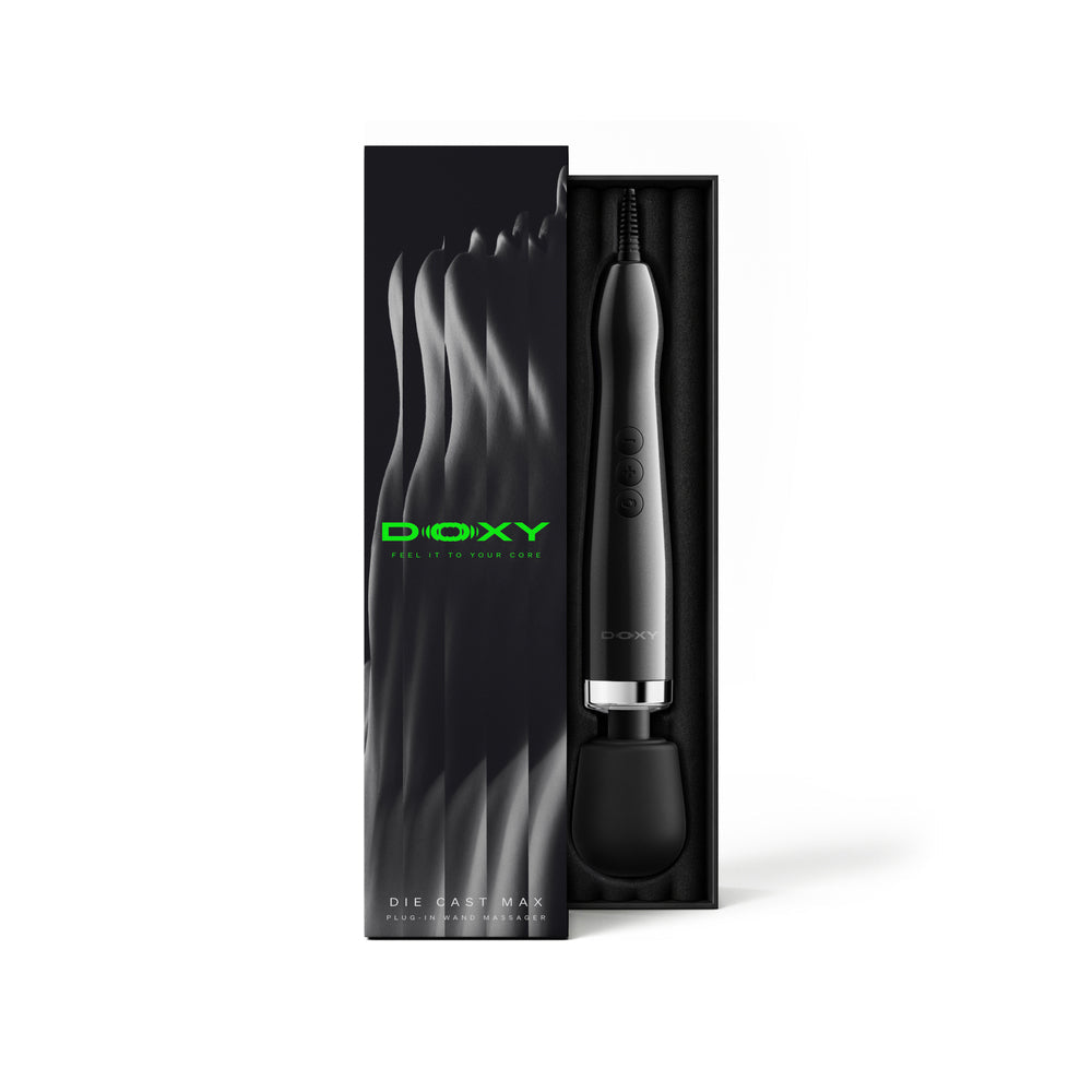 Doxy Die Cast Max Plug-in Wand Massager Black displayed in its sleek packaging.