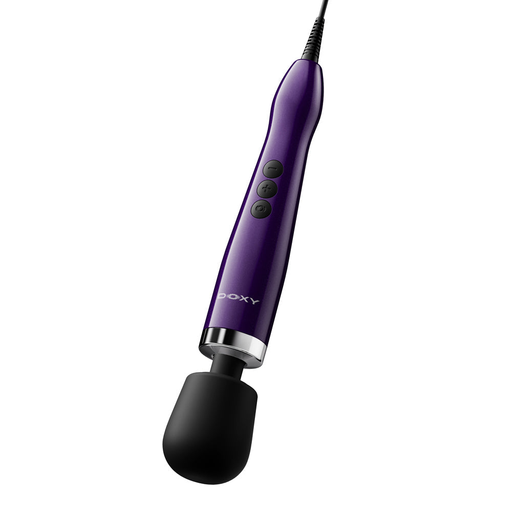 Doxy Die Cast Max Plug-in Wand Massager Purple on a white background showcasing its sleek design and smooth finish.