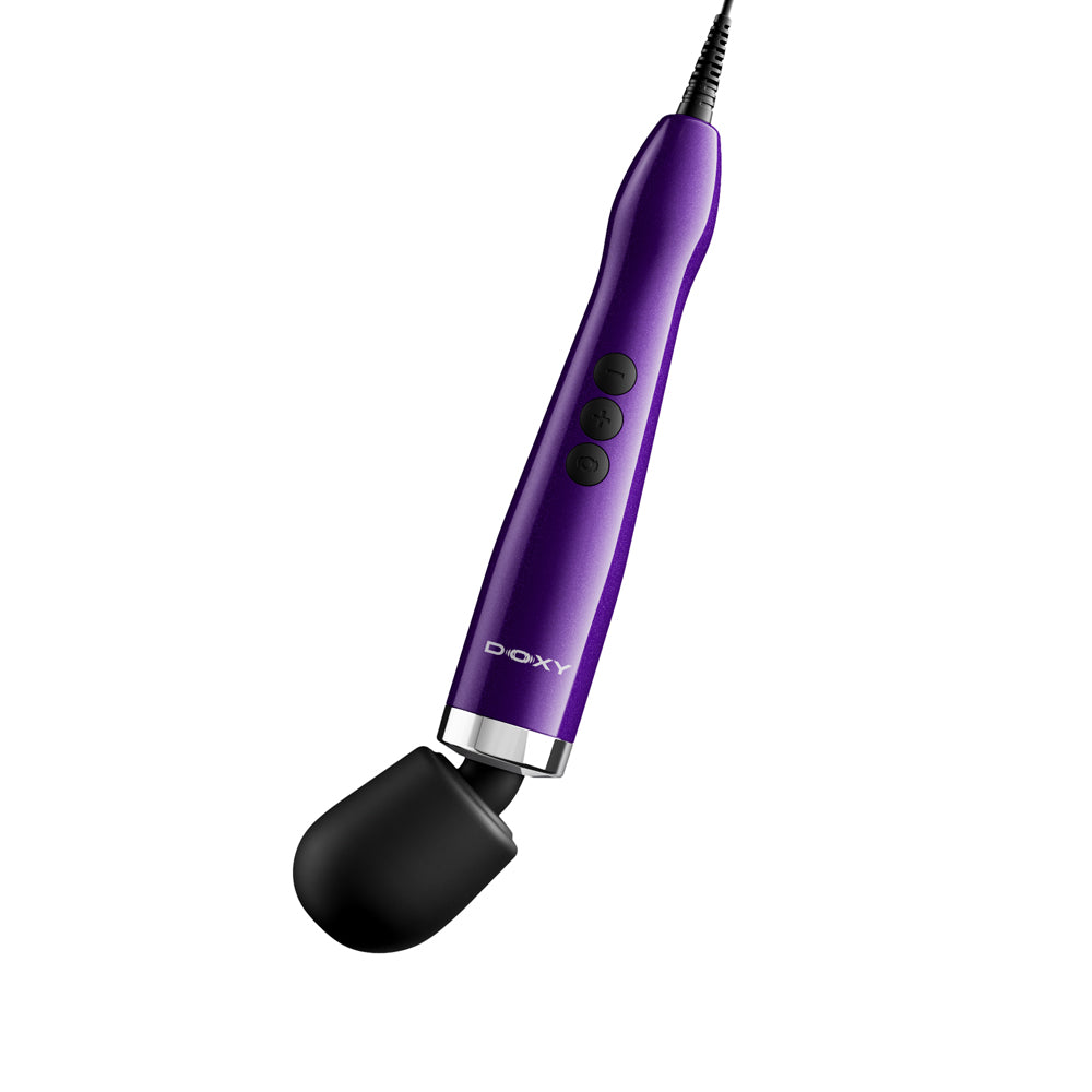Doxy Die Cast Max Plug-in Wand Massager Purple with control buttons and smooth design.