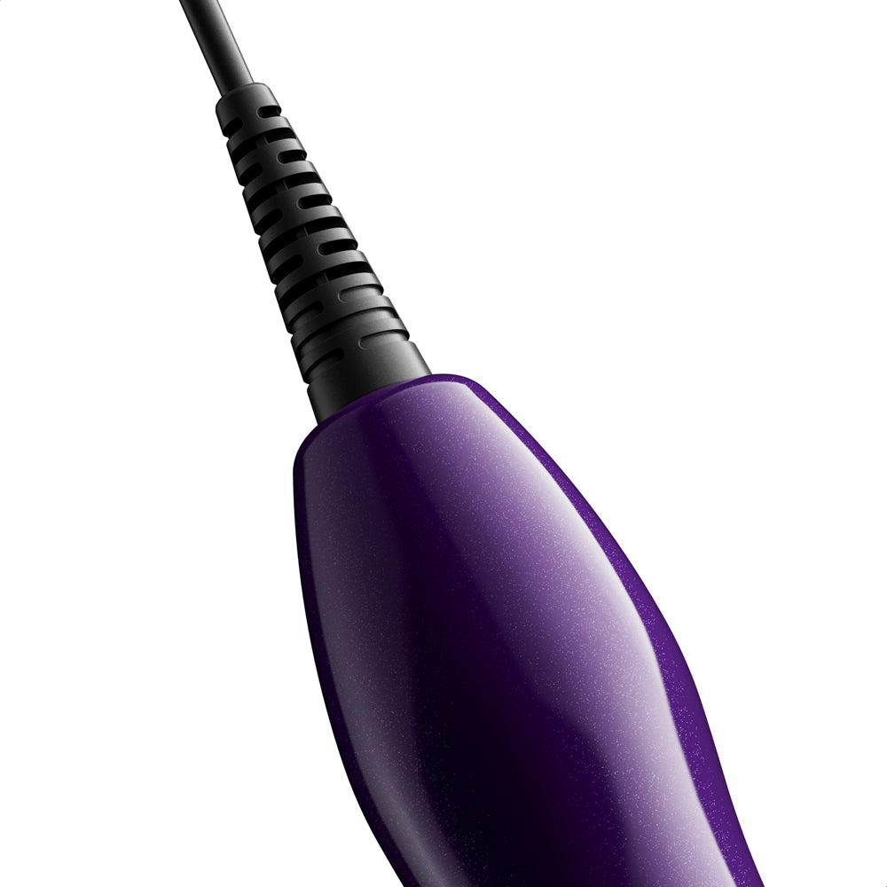 Close-up view of the Doxy Die Cast Max Plug-in Wand Massager Purple's textured grip and power cord.