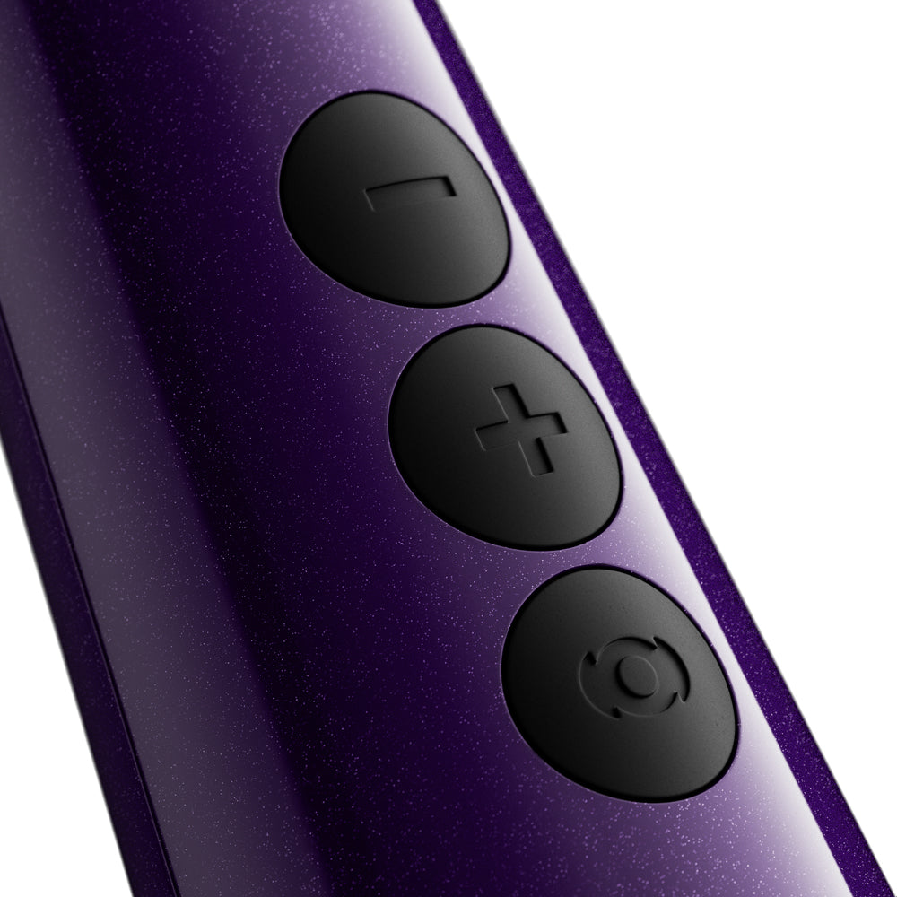 Close-up of controls on the Doxy Die Cast Max Plug-in Wand Massager Purple, showcasing its sleek design and functionality.