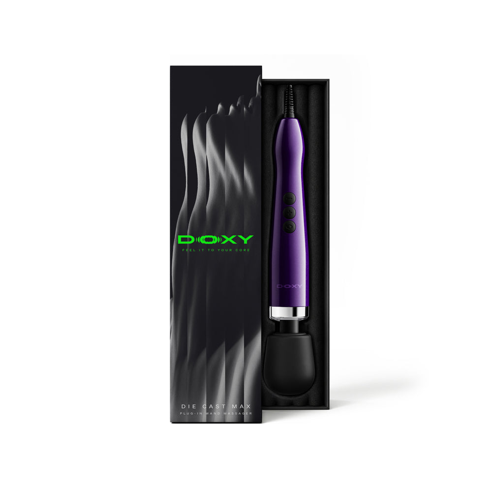 Doxy Die Cast Max Plug-in Wand Massager Purple in sleek packaging showcasing its premium design and powerful features.