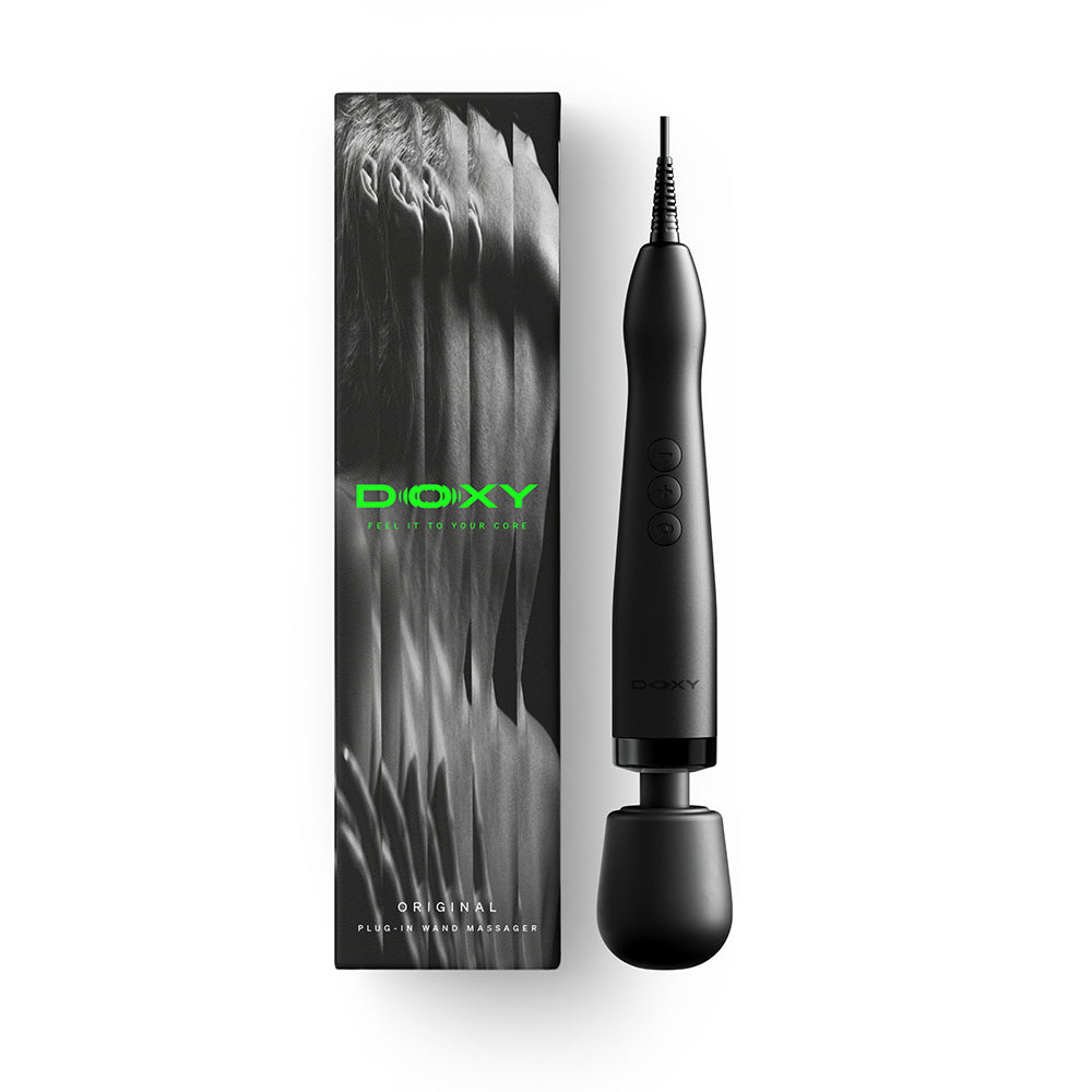 Doxy Original Wand Massager Black with packaging, showcasing its sleek design and powerful performance.