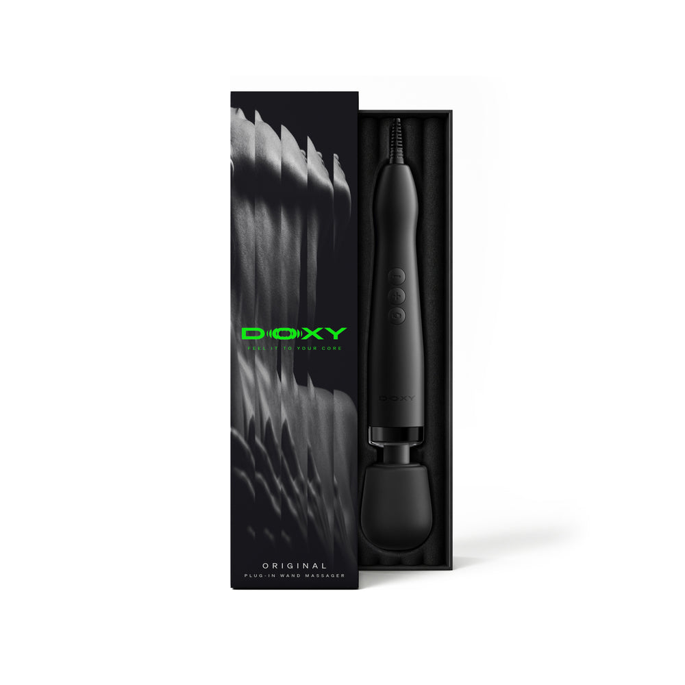 Doxy Original Wand Massager Black in its packaging, showcasing powerful design and features.