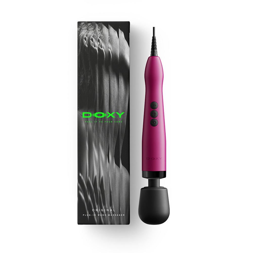 Doxy Original Wand Massager Pink shown with sleek packaging and ergonomic design for satisfying use.