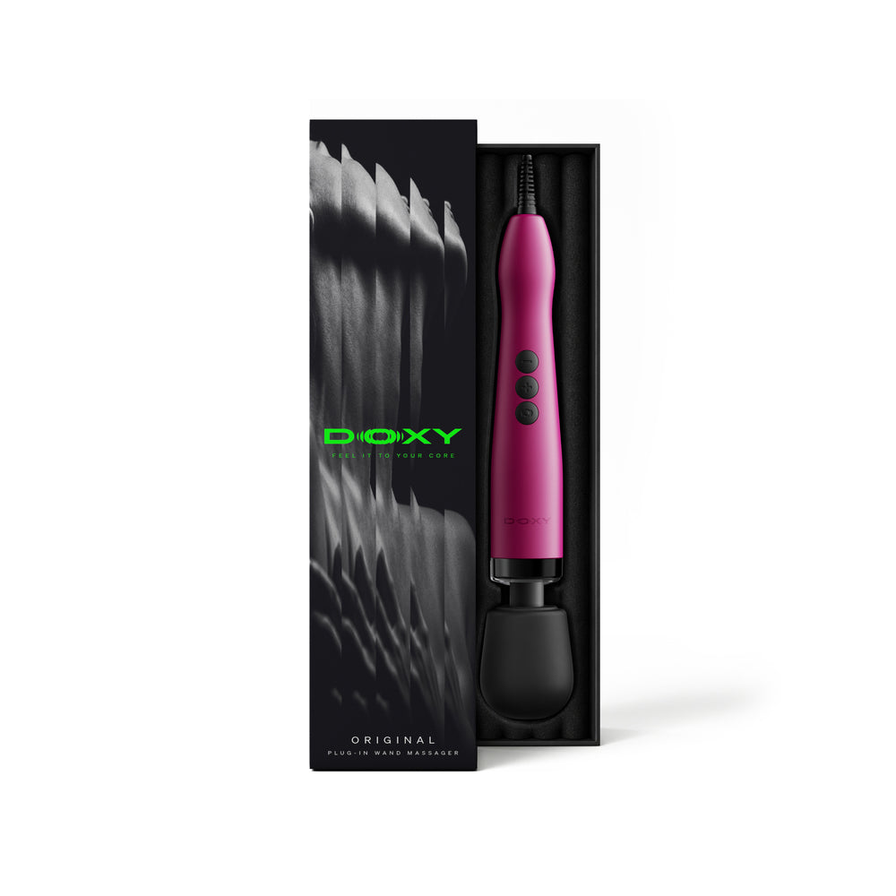 Doxy Original Wand Massager Pink in box showcasing its sleek design and powerful features.
