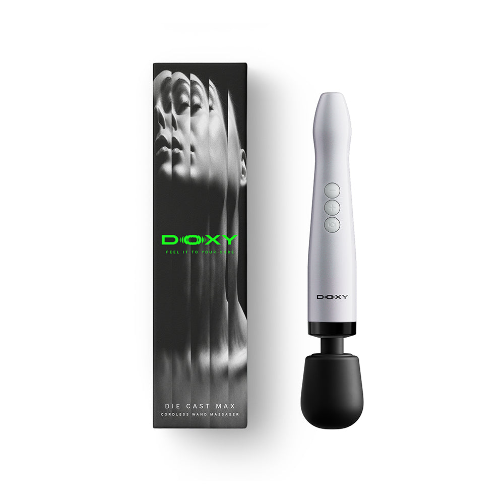 Doxy Die Cast Max Cordless Wand Massager White alongside its sleek packaging, showcasing powerful cordless performance.