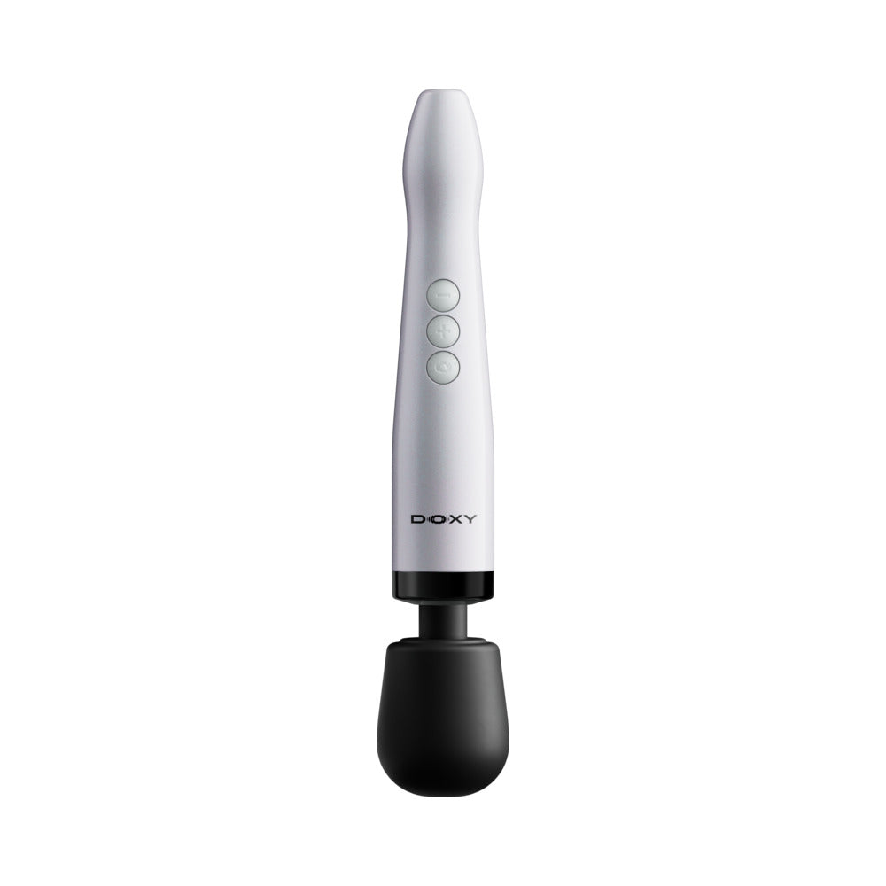 Doxy Die Cast Max Cordless Wand Massager White in a sleek design with control buttons and a soft rounded head.