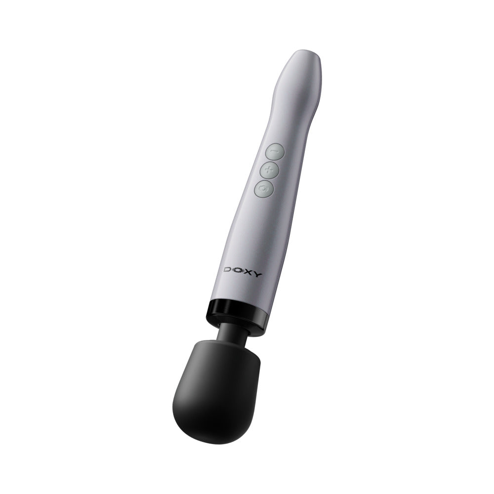 Doxy Die Cast Max Cordless Wand Massager White with a sleek design and three control buttons.