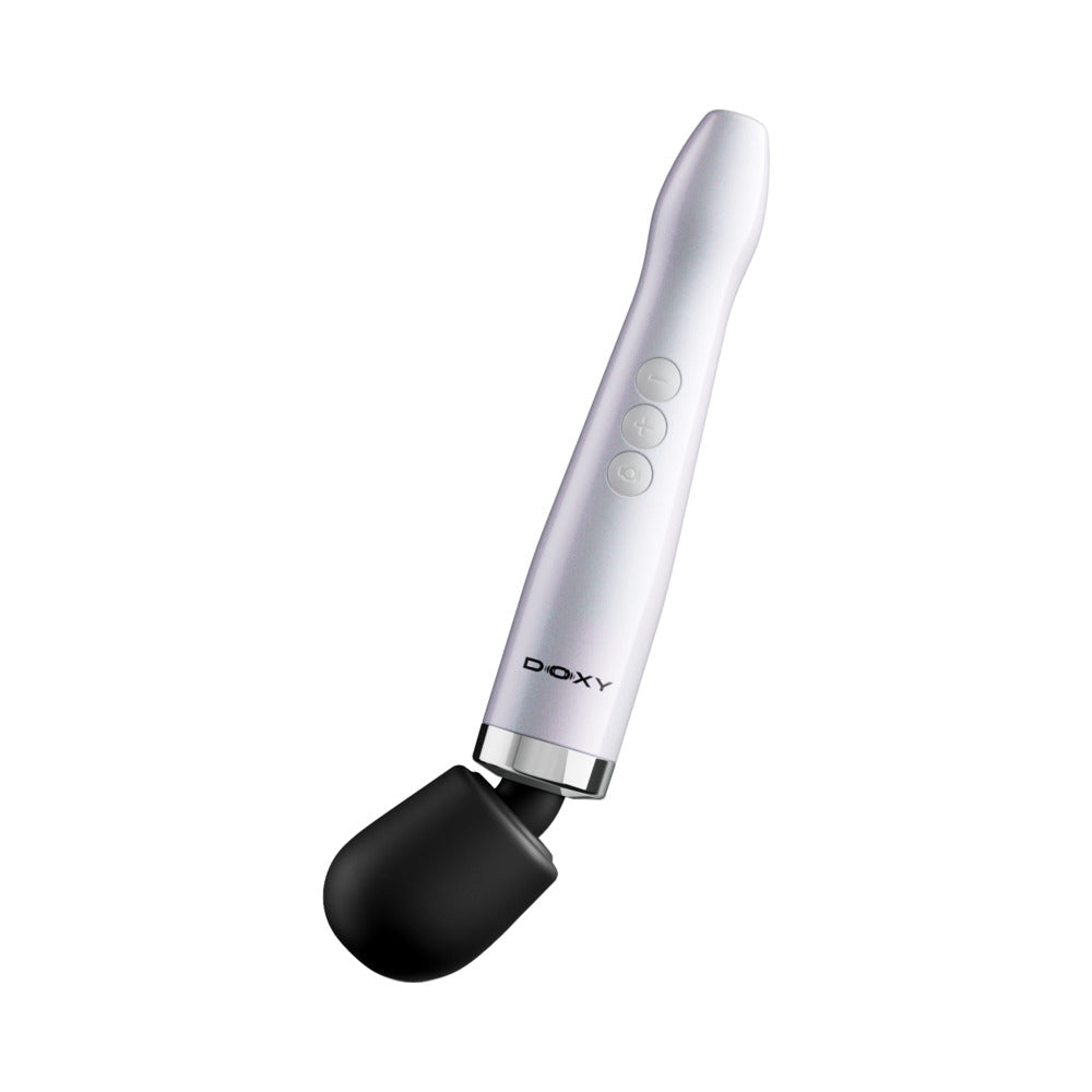 Doxy Die Cast Max Cordless Wand Massager White shown from the side with a sleek design and control buttons.