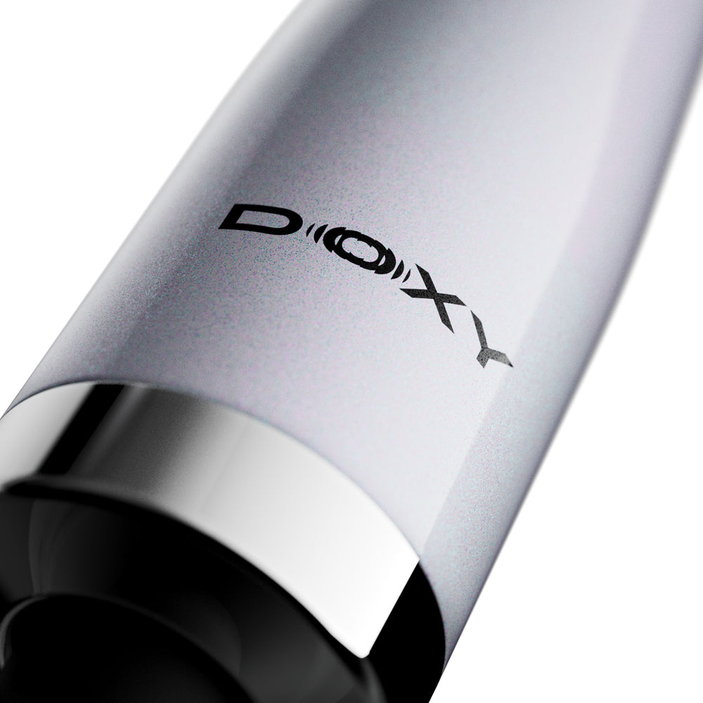 Doxy Die Cast Max Cordless Wand Massager White close-up showing the sleek design and branding.
