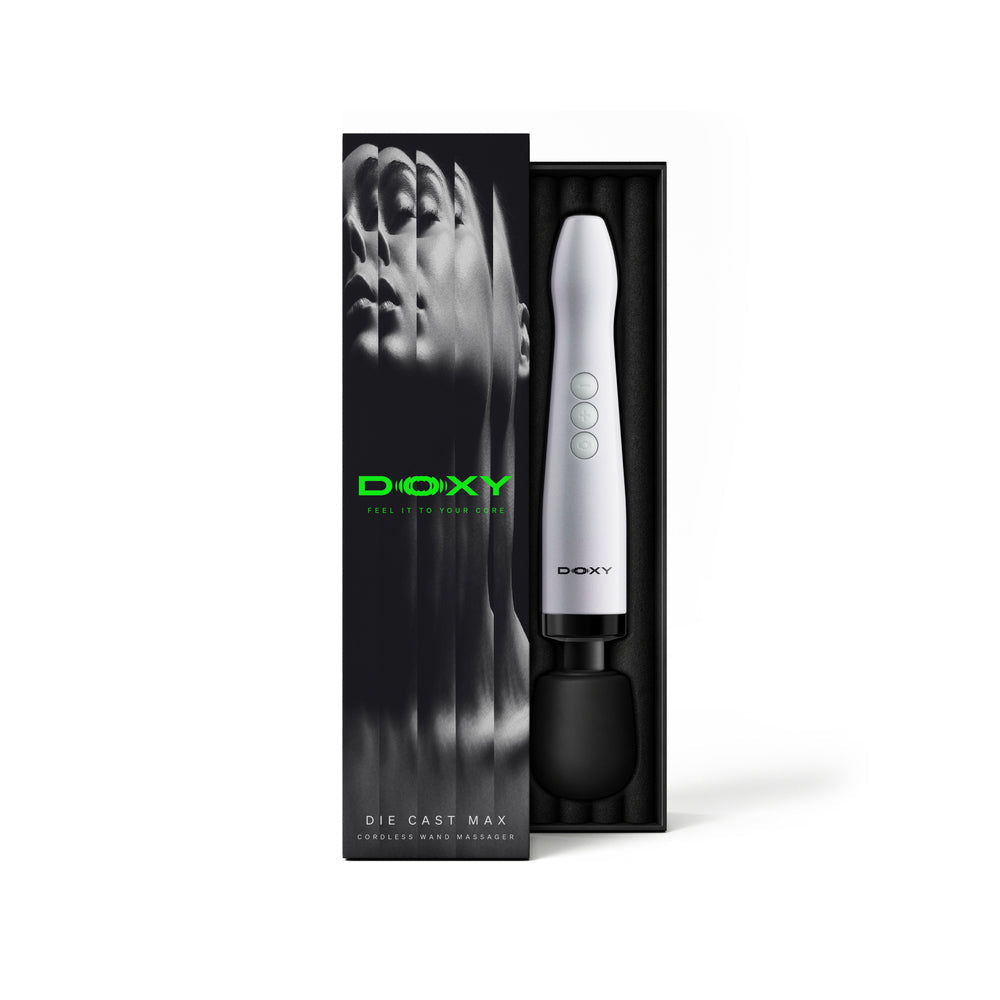 Doxy Die Cast Max Cordless Wand Massager White in stylish packaging with a sleek design.