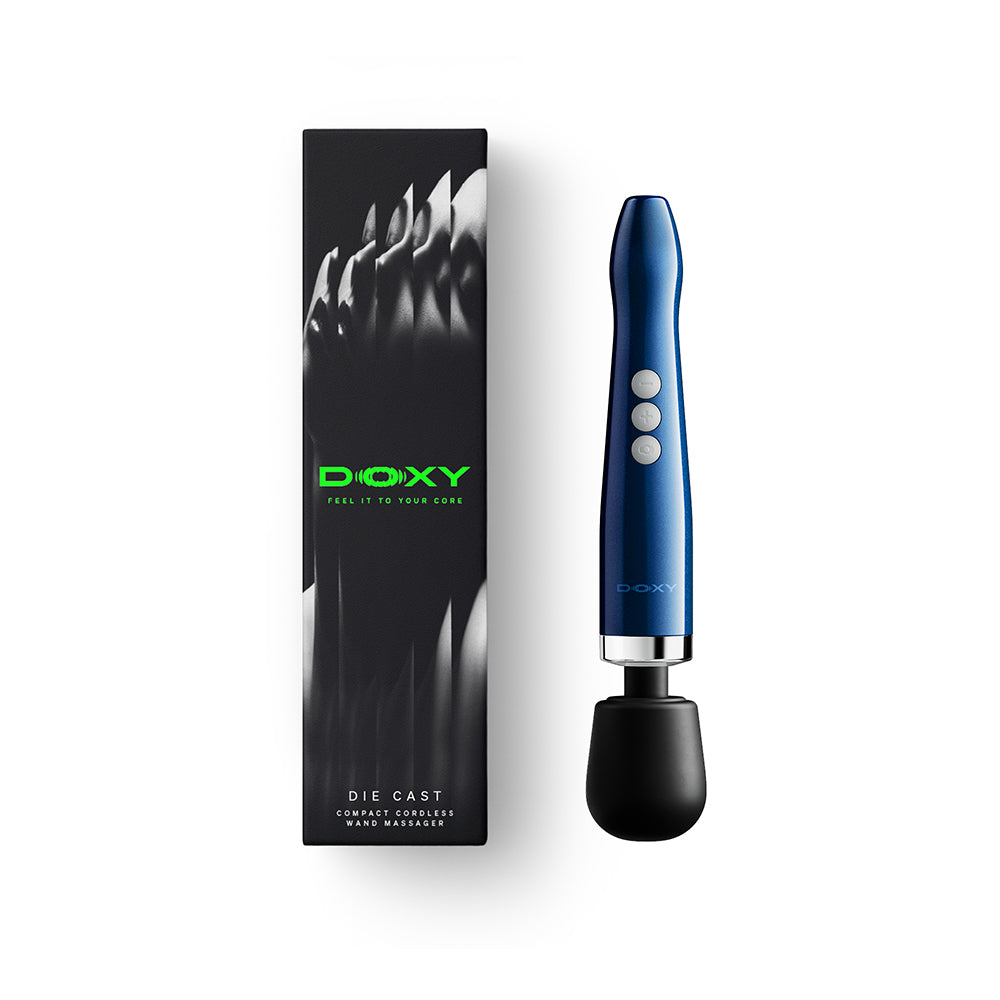 Doxy Die Cast Compact Cordless Wand Massager Blue with sleek packaging and ergonomic design.