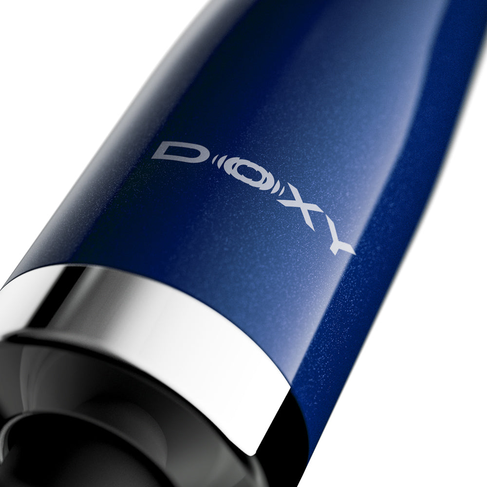 Doxy Die Cast Compact Cordless Wand Massager Blue close-up image showing sleek design and branding.