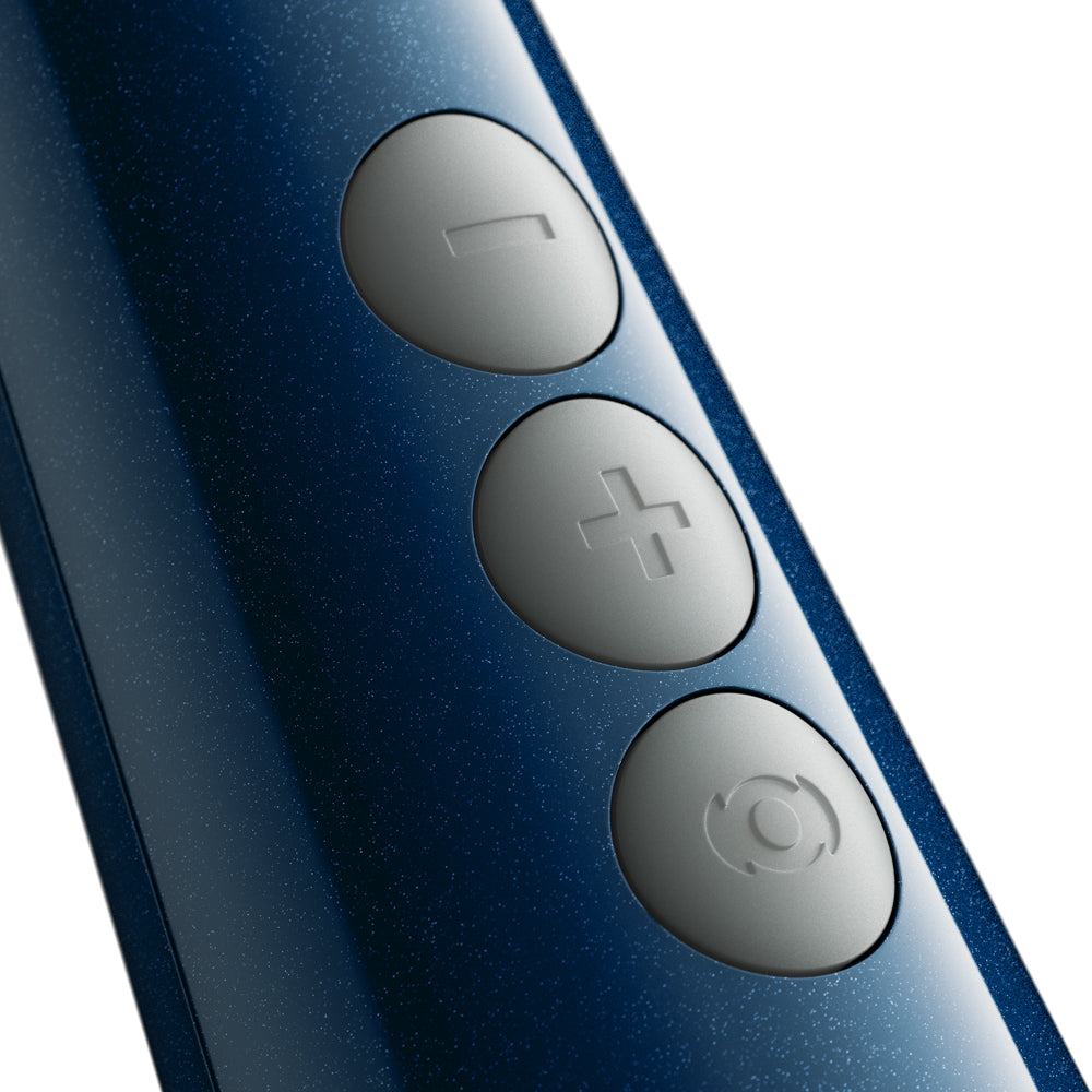 Doxy Die Cast Compact Cordless Wand Massager Blue control buttons close-up