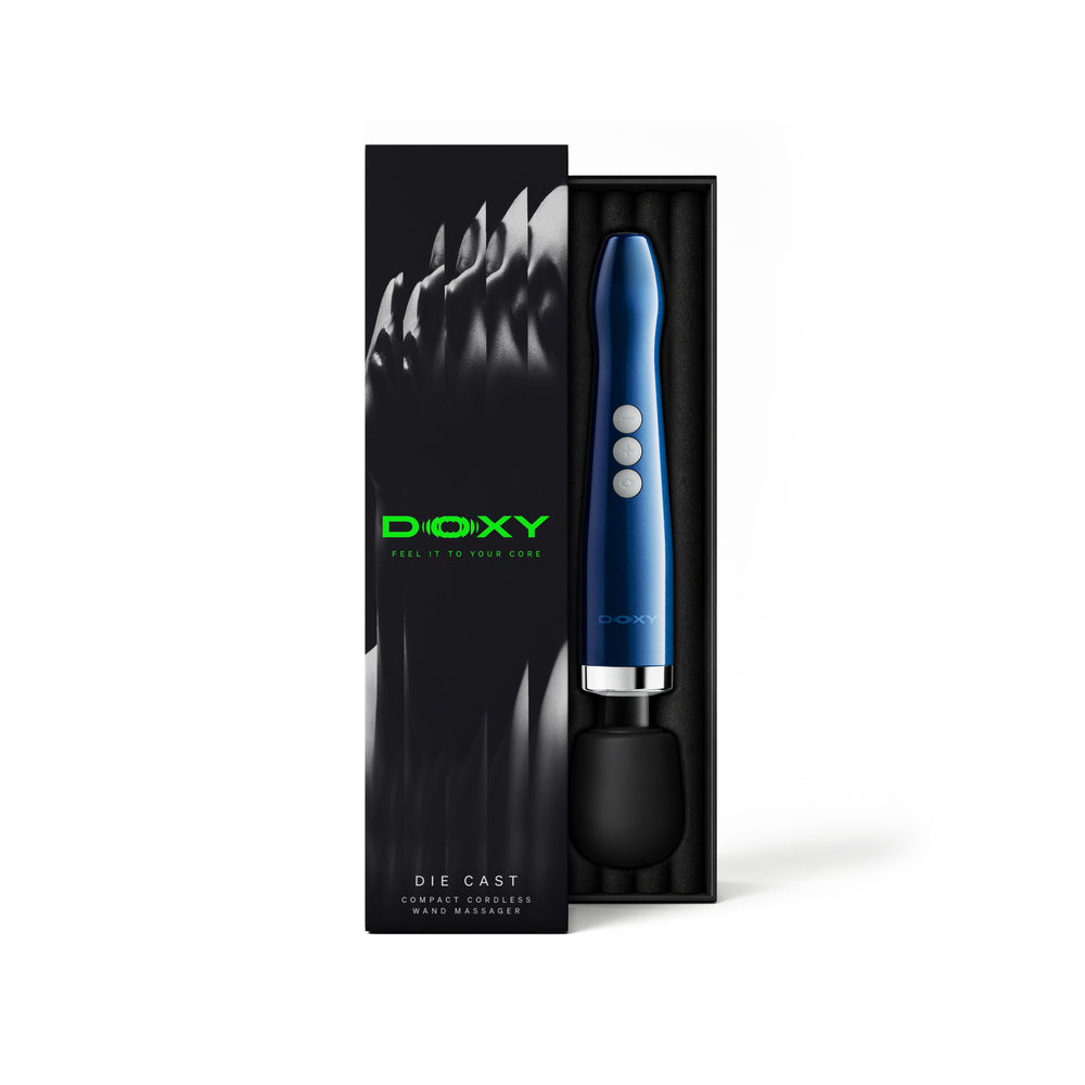 Doxy Die Cast Compact Cordless Wand Massager Blue in packaging showcasing its sleek design and features.