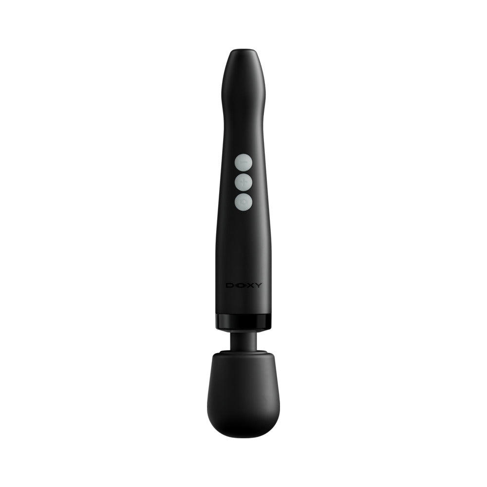 Doxy Die Cast Compact Cordless Wand Massager Black with sleek design and easy-to-use buttons.