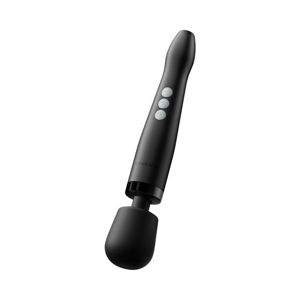 Doxy Die Cast Compact Cordless Wand Massager Black showing a sleek design with control buttons and a rounded head.