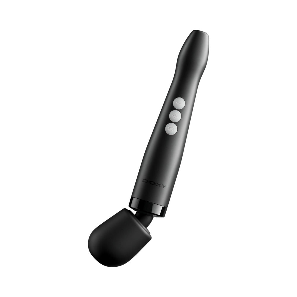 Doxy Die Cast Compact Cordless Wand Massager Black with ergonomic design and control buttons, ideal for relaxation.
