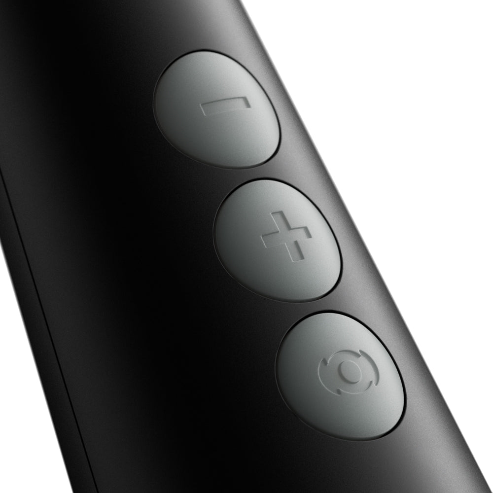 Close-up of control buttons on the Doxy Die Cast Compact Cordless Wand Massager Black.