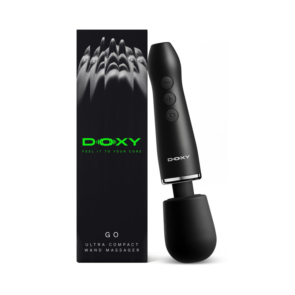 Doxy Go Travel-sized Wand Massager Black with packaging showcasing its ultra-compact design for travel and daily use.
