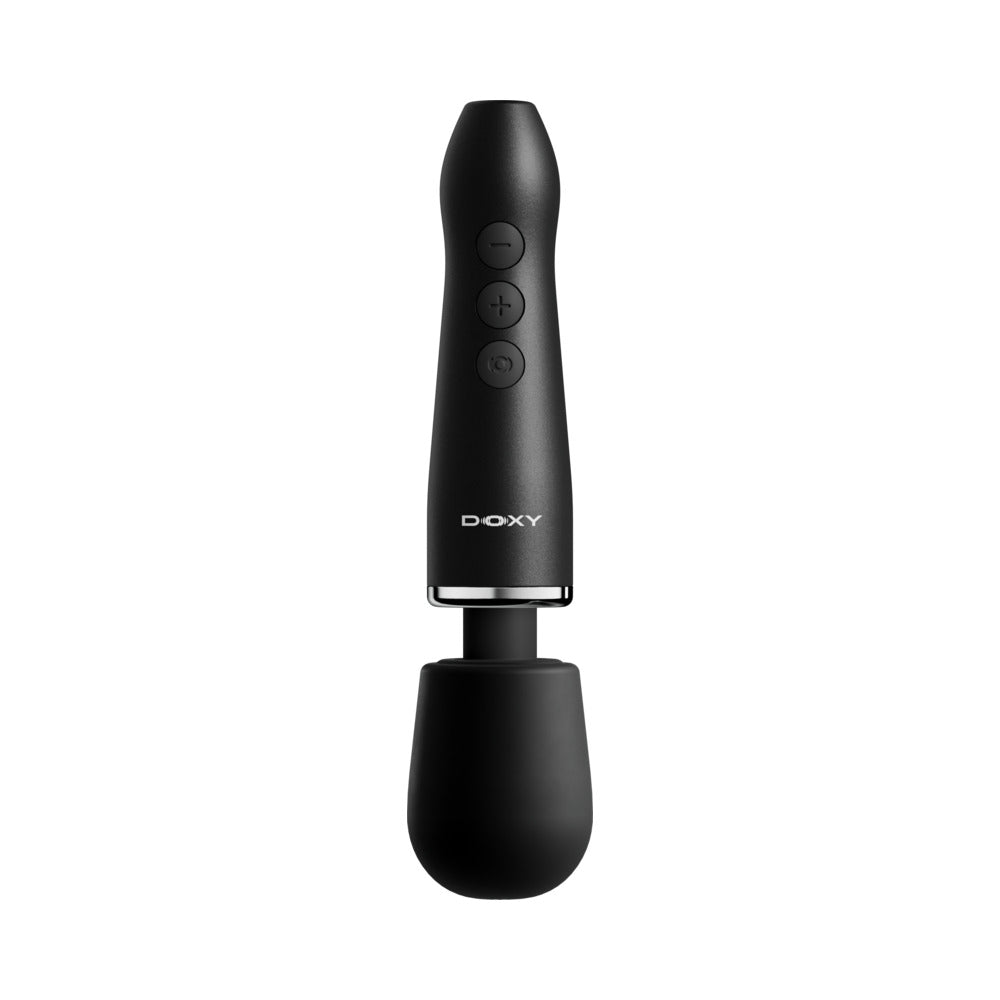 Doxy Go Travel-sized Wand Massager Black with sleek design and control buttons for effortless use.