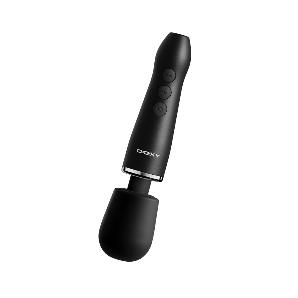 Doxy Go Travel-sized Wand Massager Black with sleek design and control buttons for enhanced pleasure.