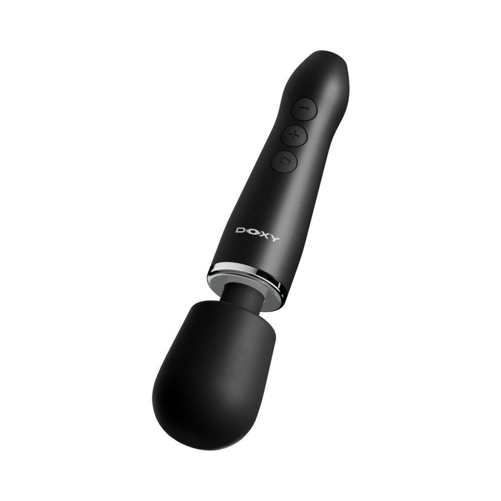 Doxy Go Travel-sized Wand Massager Black shown from the side with buttons, sleek design, and compact size.