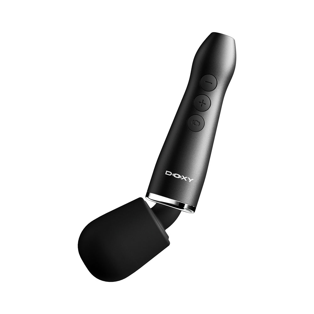 Doxy Go Travel-sized Wand Massager Black with sleek ergonomic design and control buttons, ideal for discreet travel.