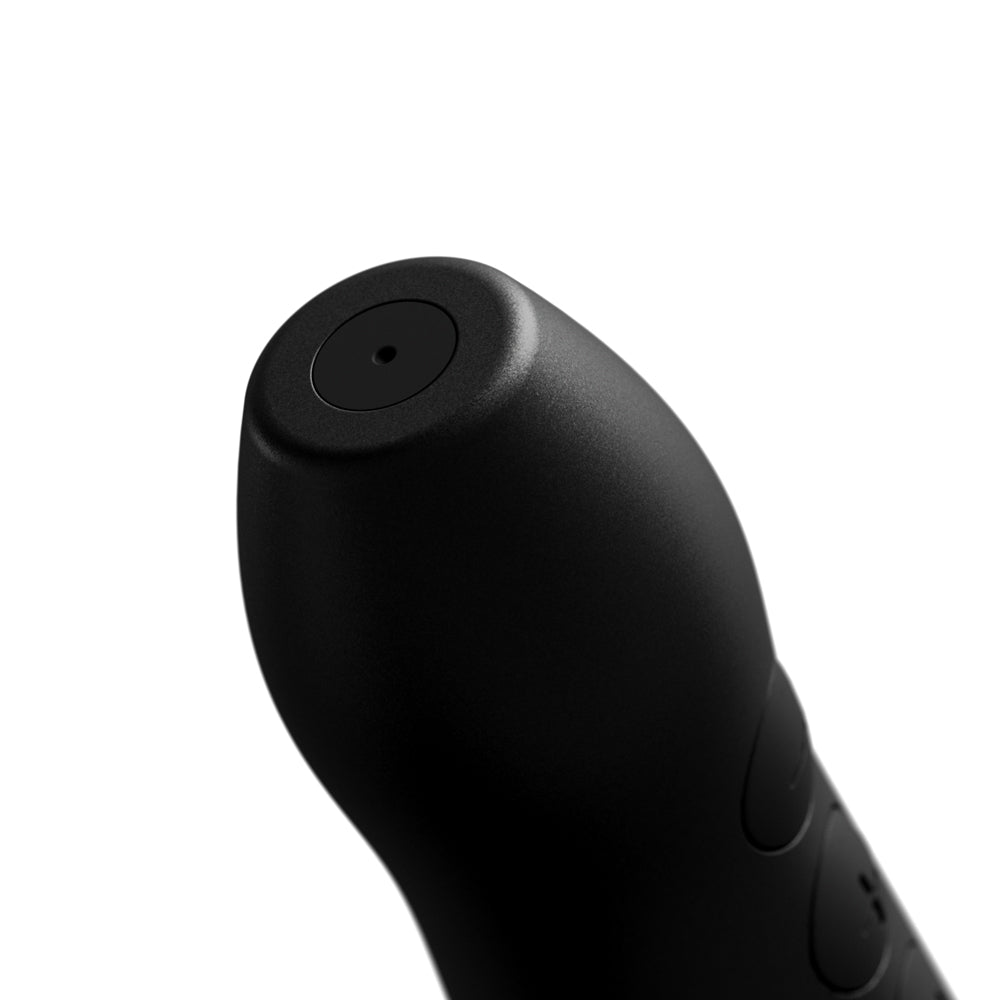 Close-up of the Doxy Go Travel-sized Wand Massager Black, showcasing its sleek design and control button.