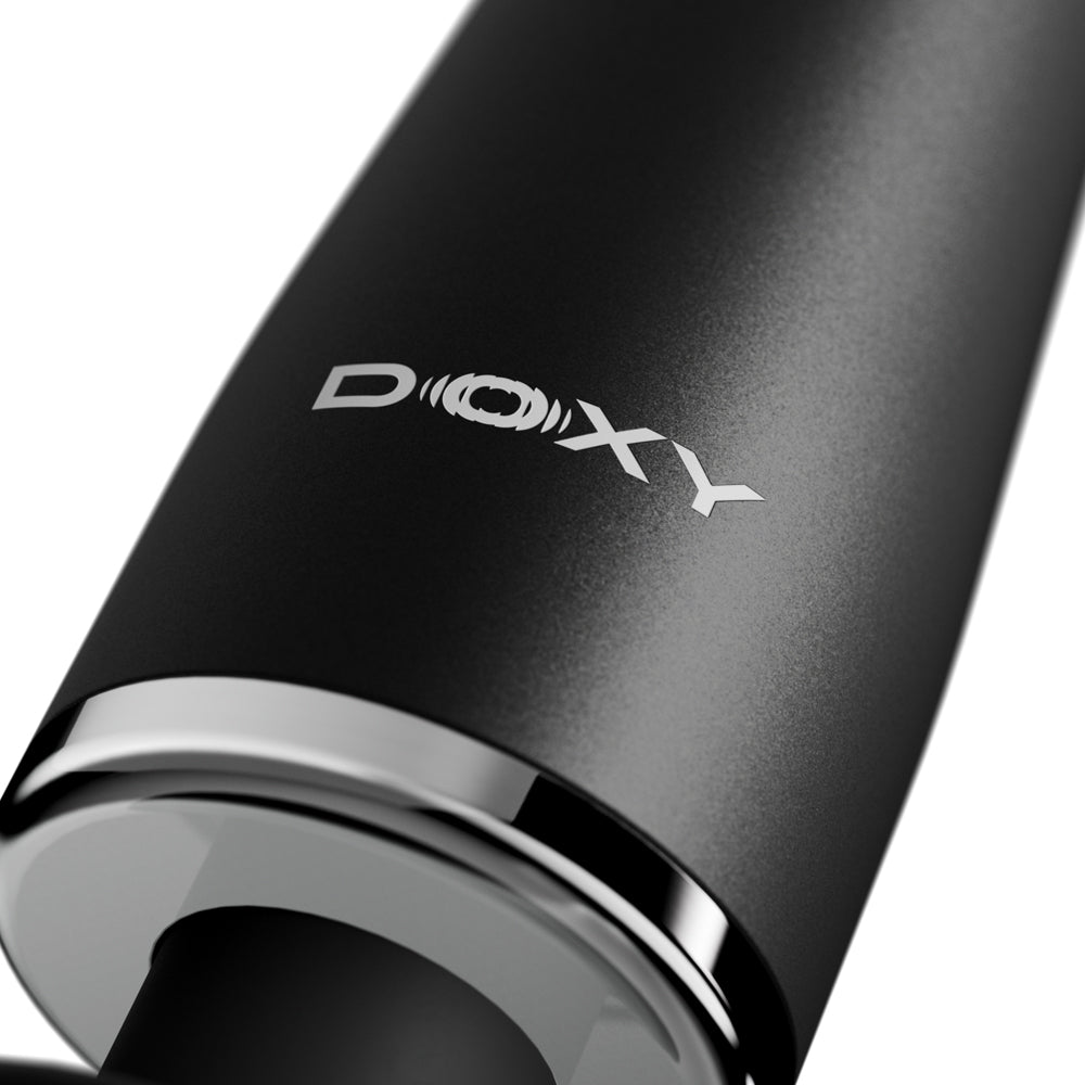 Doxy Go Travel-sized Wand Massager Black close-up showing sleek design and branding.