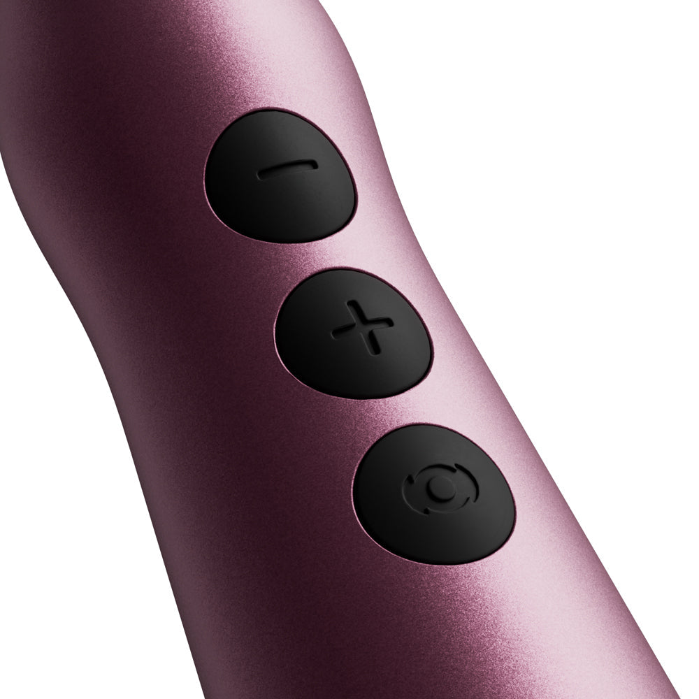 Close-up of controls on the Doxy Go Travel-sized Wand Massager Pink, showing power and intensity buttons.