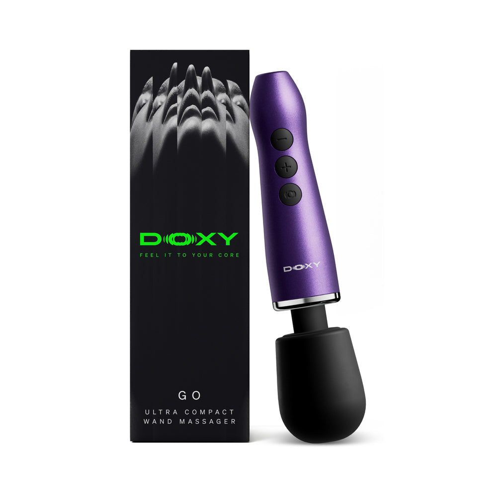 Doxy Go Travel-sized Wand Massager Purple with box showcasing its compact design and controls.