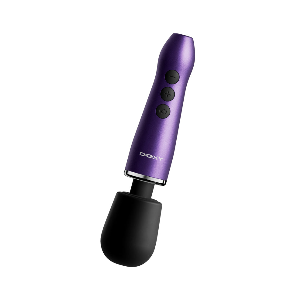 Doxy Go Travel-sized Wand Massager Purple with sleek design and controls for easy use.
