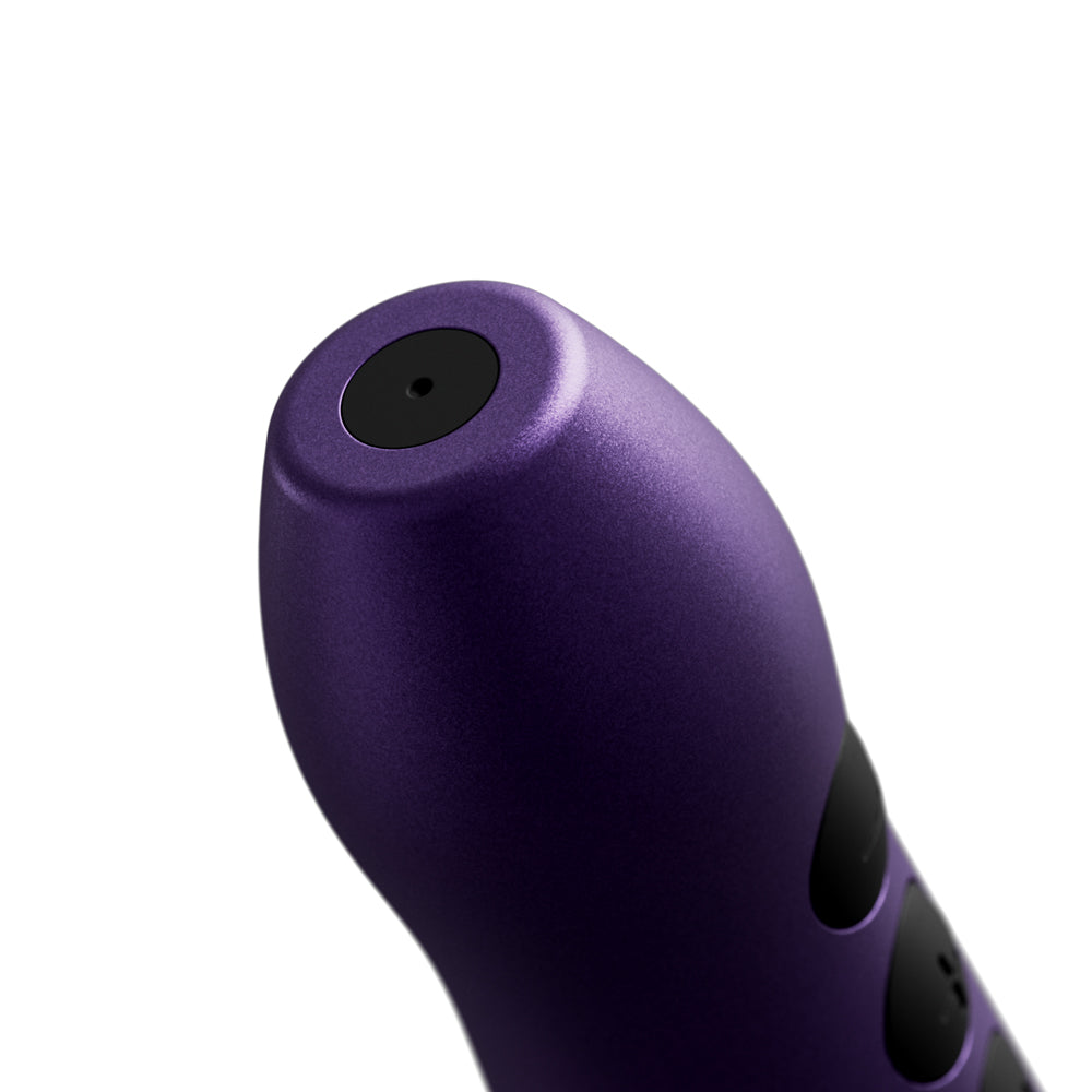 Top view of Doxy Go Travel-sized Wand Massager Purple highlighting its sleek design and user-friendly controls.