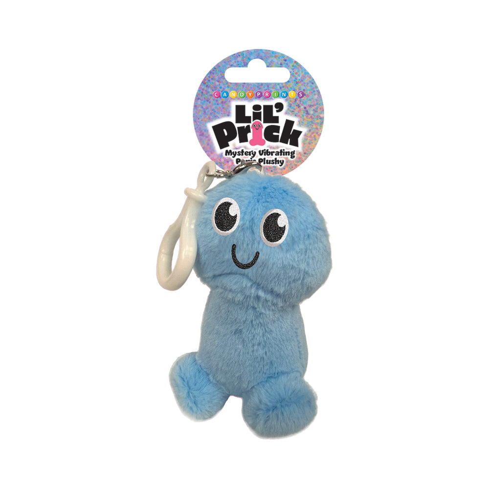Lil Pricks Mystery Box Individual Plush Penis Keychain in blue with smiley face and keychain attachment.