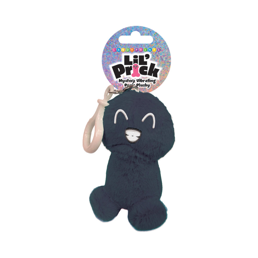Lil Pricks Mystery Box Individual Plush Penis Keychain in dark plush with a smiling face and ring attachment.