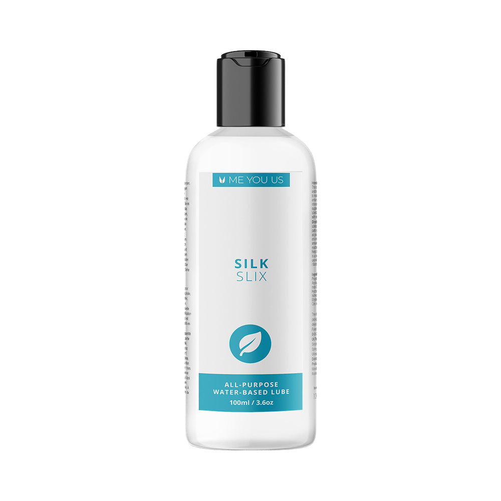 Me You Us Silk Slix Water-based Lubricant Clear 3.3 Oz bottle with sleek design.