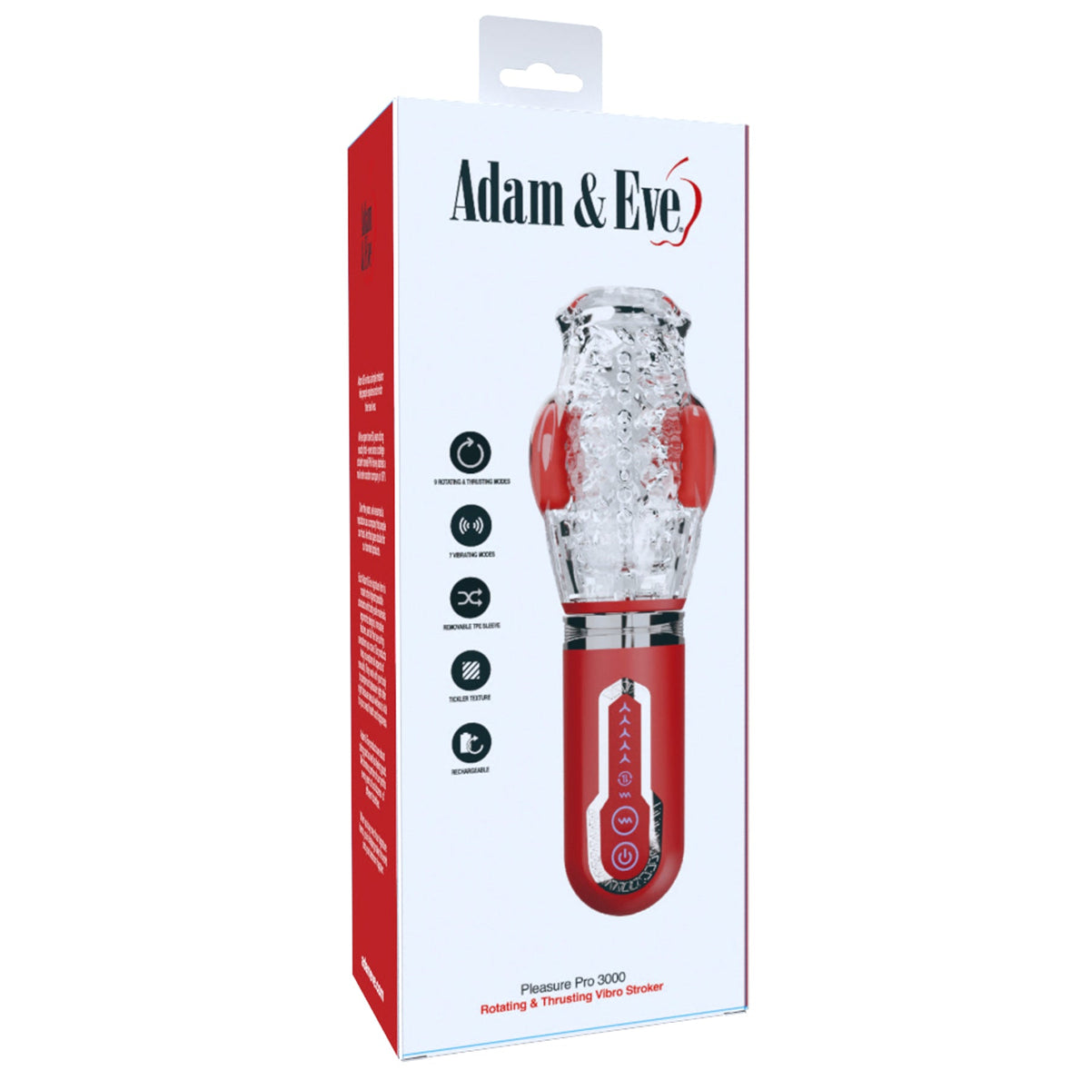 Adam & Eve Pleasure Pro 3000 Rotating Thrusting Stroker packaging featuring soft sleeve and control buttons.