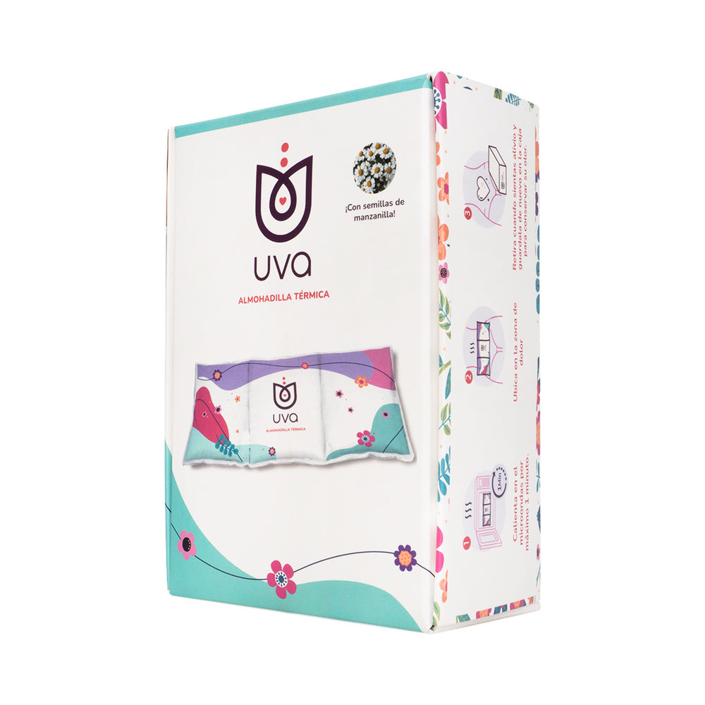 Uva Warming Pad for Menstrual Cramps packaging showcasing natural chamomile seeds for soothing relief.