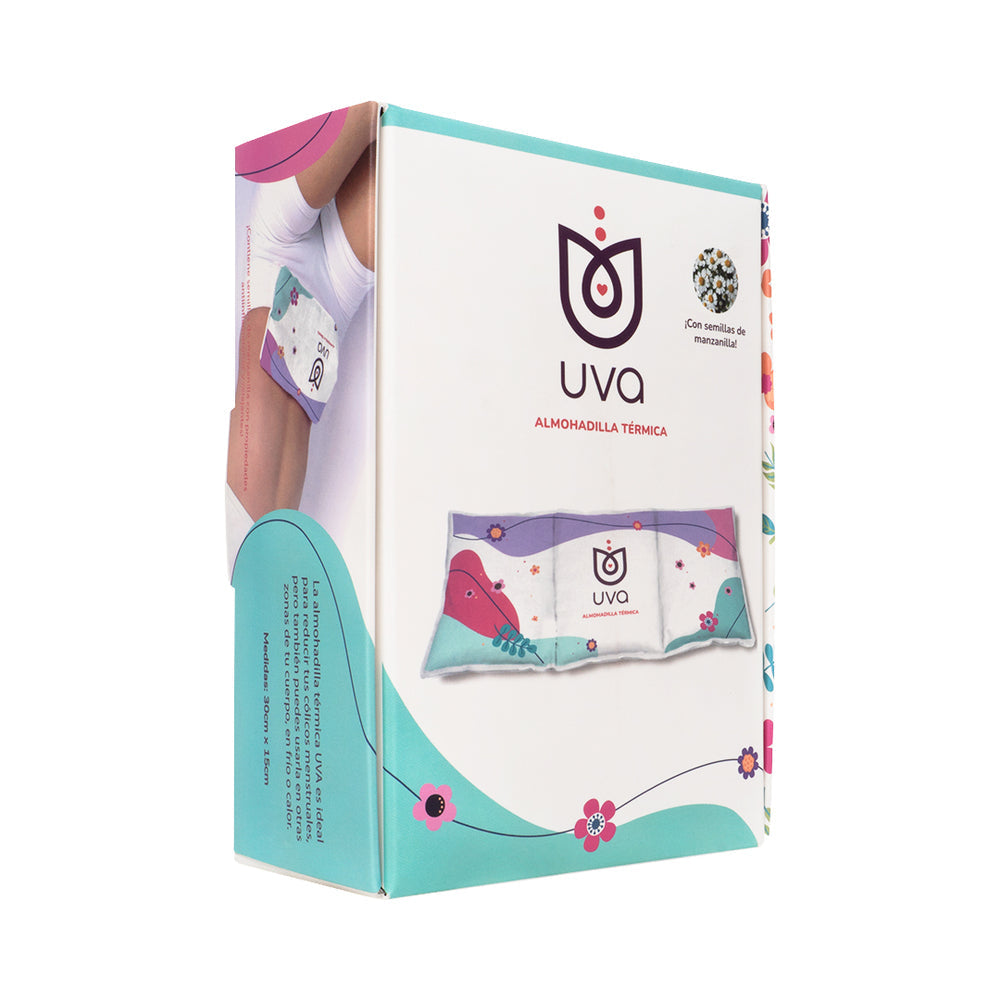 Uva Warming Pad for Menstrual Cramps packaging showcasing its eco-friendly design and soothing color scheme.